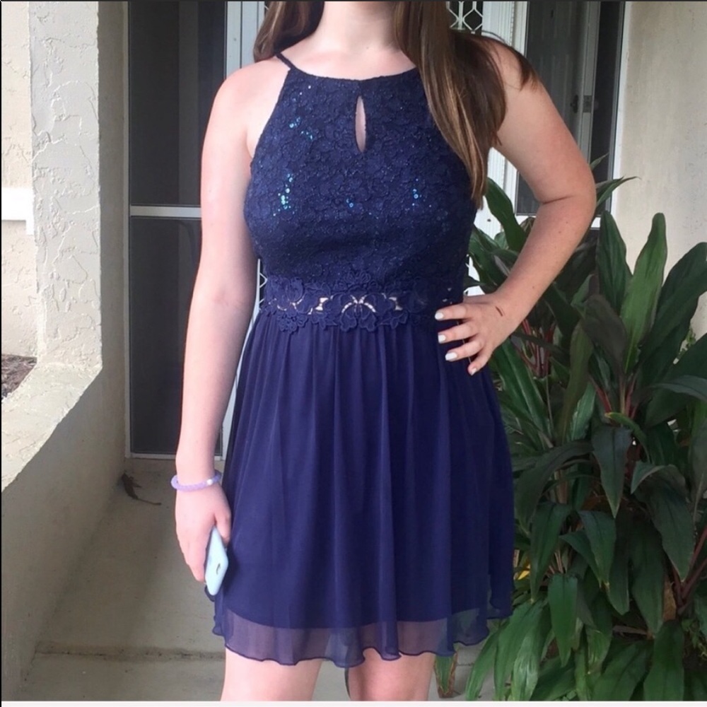 Navy blue sequined party dress